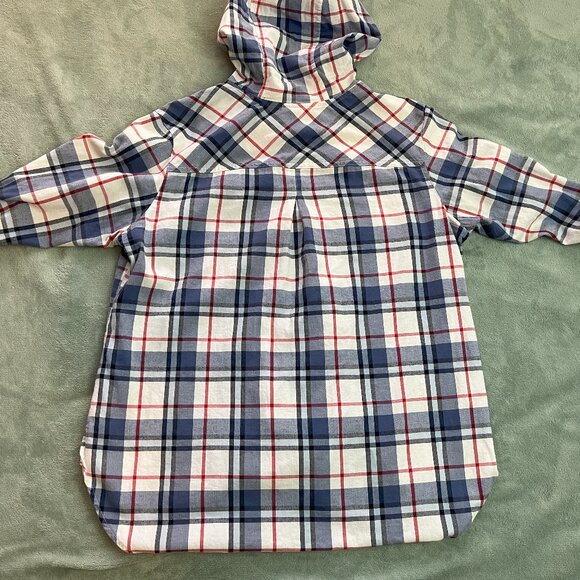 Columbia Flannel Womens XL Red White Blue Plaid Drawstring Button Up Hoodie - Picture 5 of 13